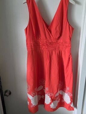 Dressbarn Women’s Coral V-Neck Sundress with White Floral Embroidery